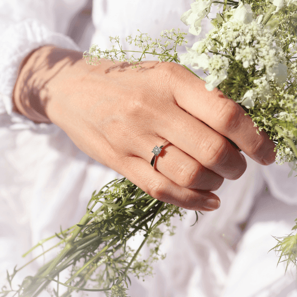 Diamantringer Nærbilde av en hånd som holder en blomsterbukett. På hånden har hun en stor diamantring.