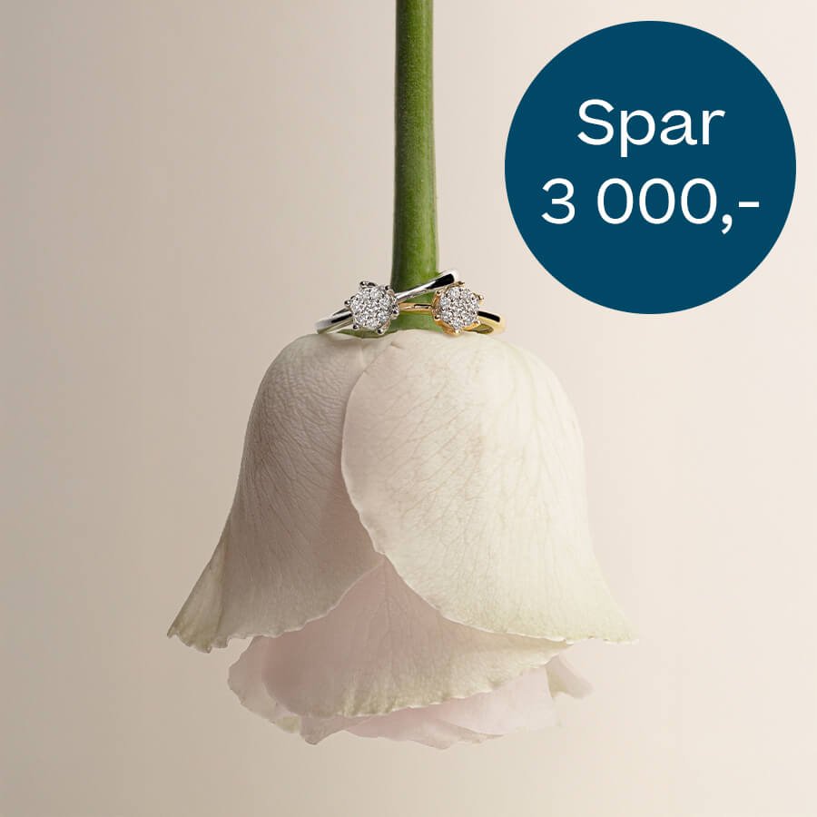 To ringer med glitrende steiner hviler på en lys rose. En blå sirkel har hvit tekst med budskapet «Spar 3 000,-».