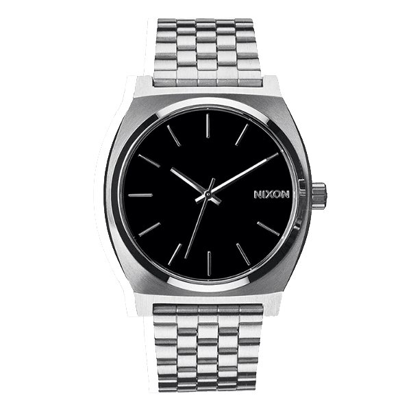 Produktbilde av en elegant Time teller-klokke med sølv urkasse, sort urskive og sølvfarget stållenke, fra klokkemerket Nixon.