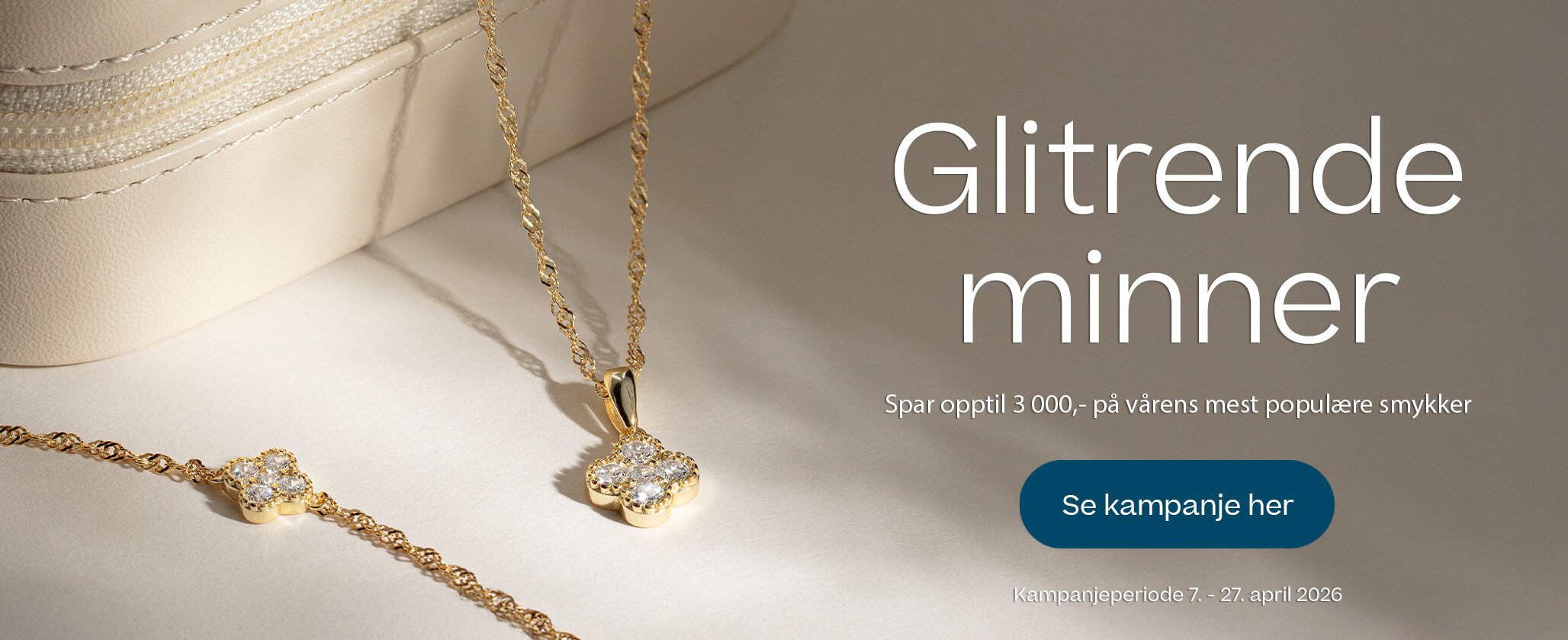 Annonse for smykker med teksten «Glitrende minner». Et gullkjede og et armbånd med blomsterformede anheng i diamanter.