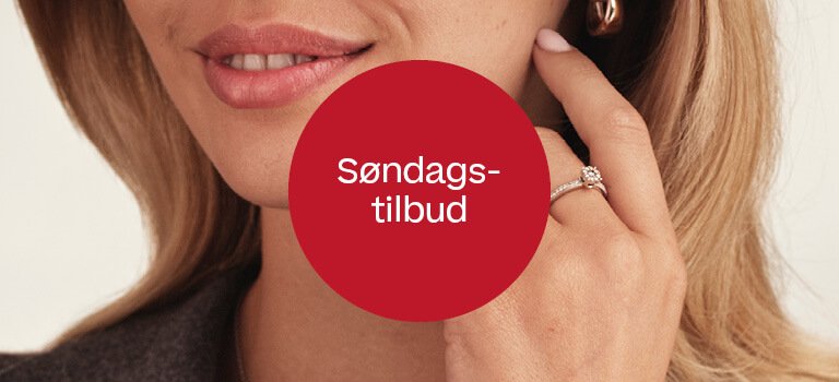 blond jente som smiler med rød tekst som sier søndagstilbud